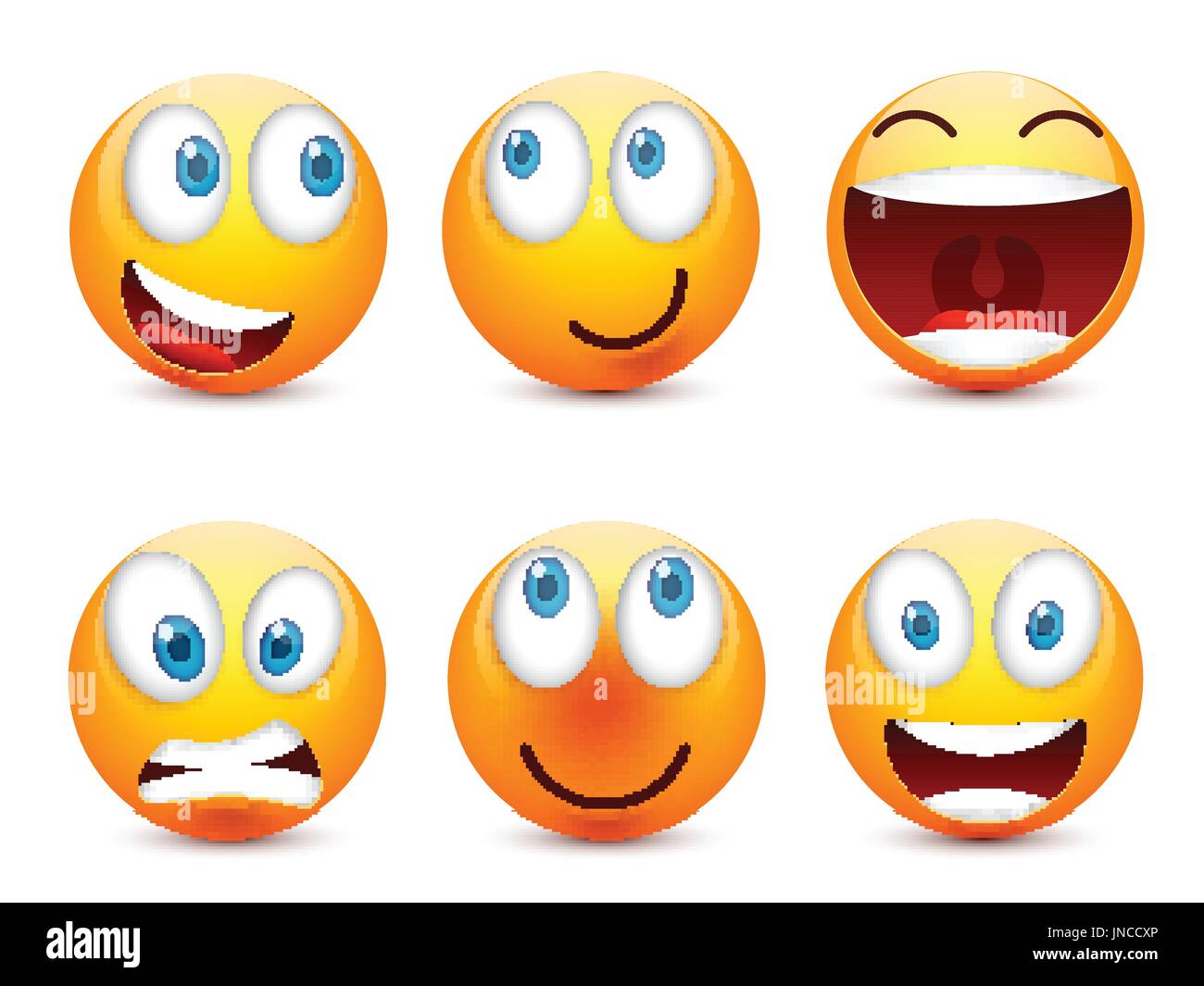Smiley mit blauen Augen, Emoticon-Satz. Gelbes Gesicht mit Emotionen. Gesichtsausdruck. 3D realistisch Emoji. Traurig, glücklich, wütend Gesichter. Lustige Comic-Figur. Mood.Vector Abbildung. Stock Vektor