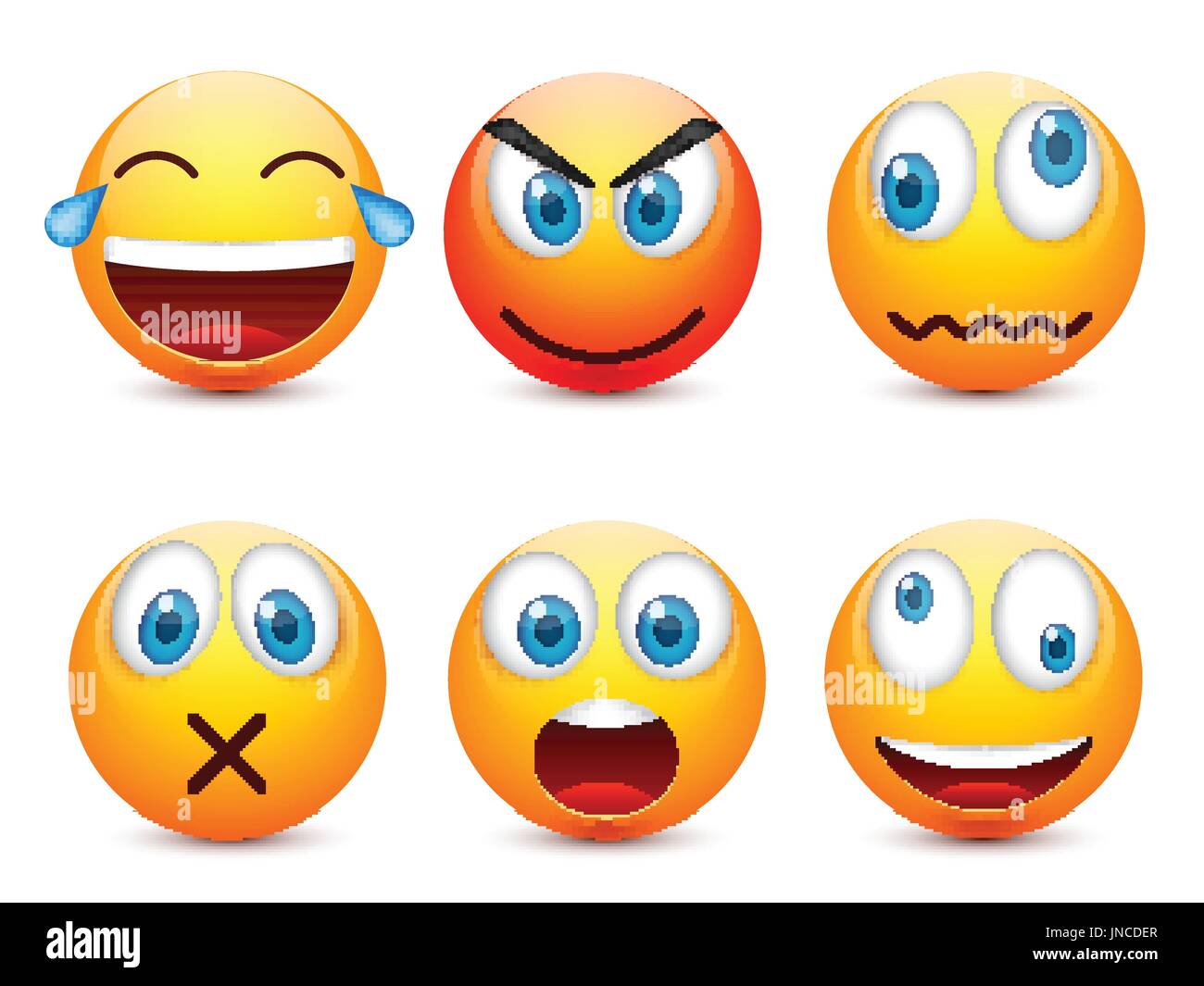 Smiley mit blauen Augen, Emoticon-Satz. Gelbes Gesicht mit Emotionen. Gesichtsausdruck. 3D realistisch Emoji. Traurig, glücklich, wütend Gesichter. Lustige Comic-Figur. Mood.Vector Abbildung. Stock Vektor