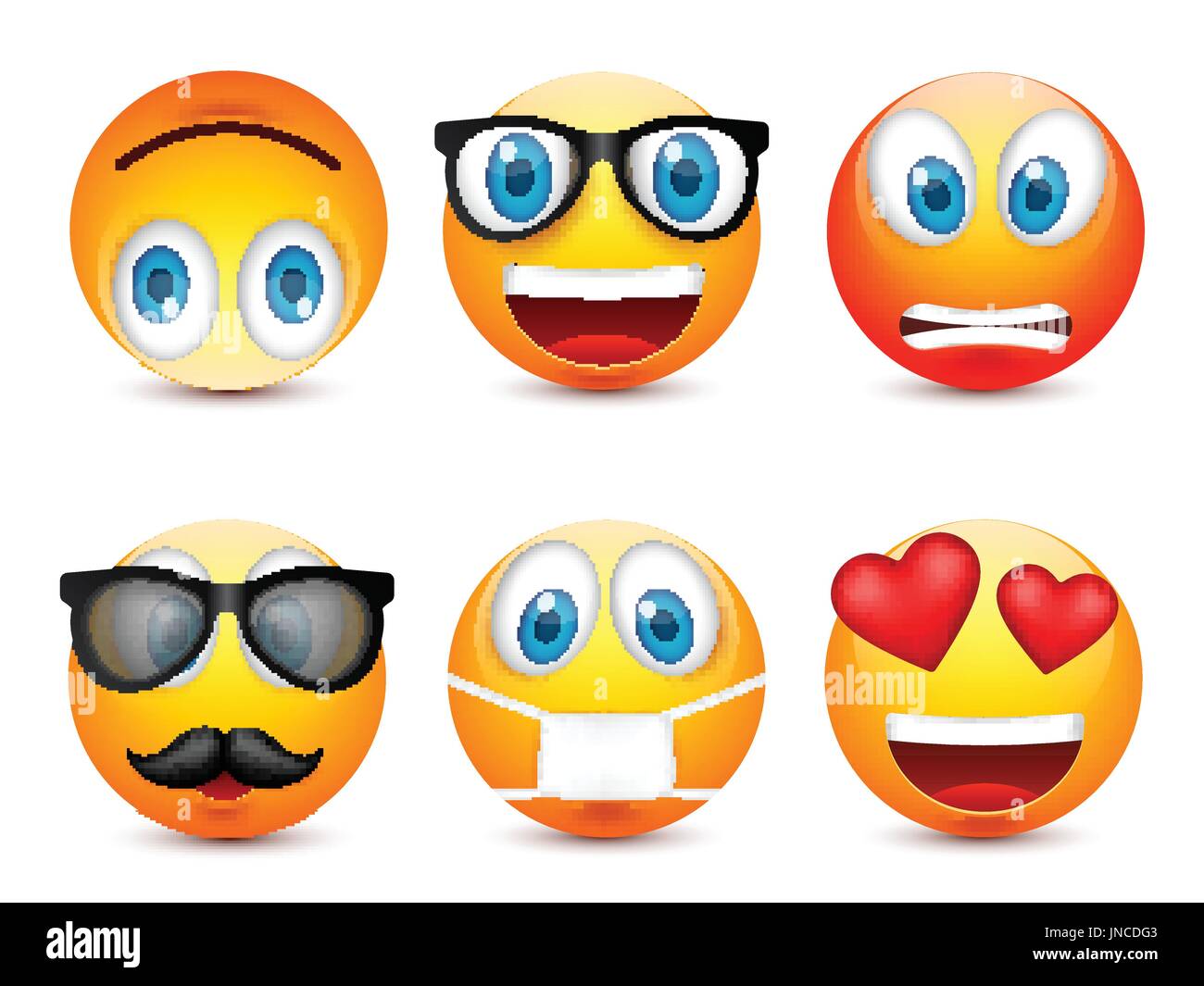 Smiley mit blauen Augen, Emoticon-Satz. Gelbes Gesicht mit Emotionen. Gesichtsausdruck. 3D realistisch Emoji. Traurig, glücklich, wütend Gesichter. Lustige Comic-Figur. Mood.Vector Abbildung. Stock Vektor
