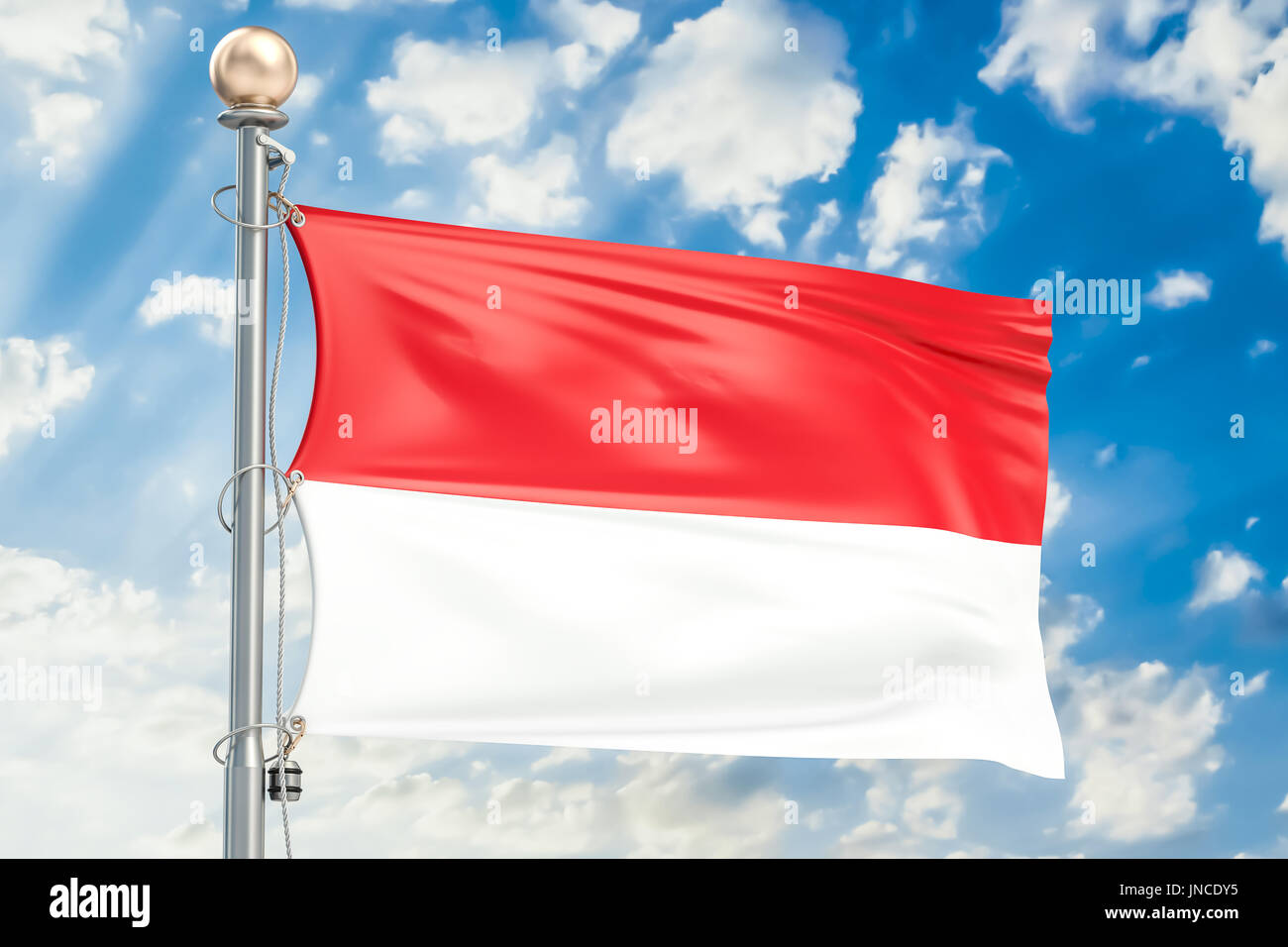 Indonesien-Fähnchen im blauen Wolkenhimmel, 3D rendering Stockfoto