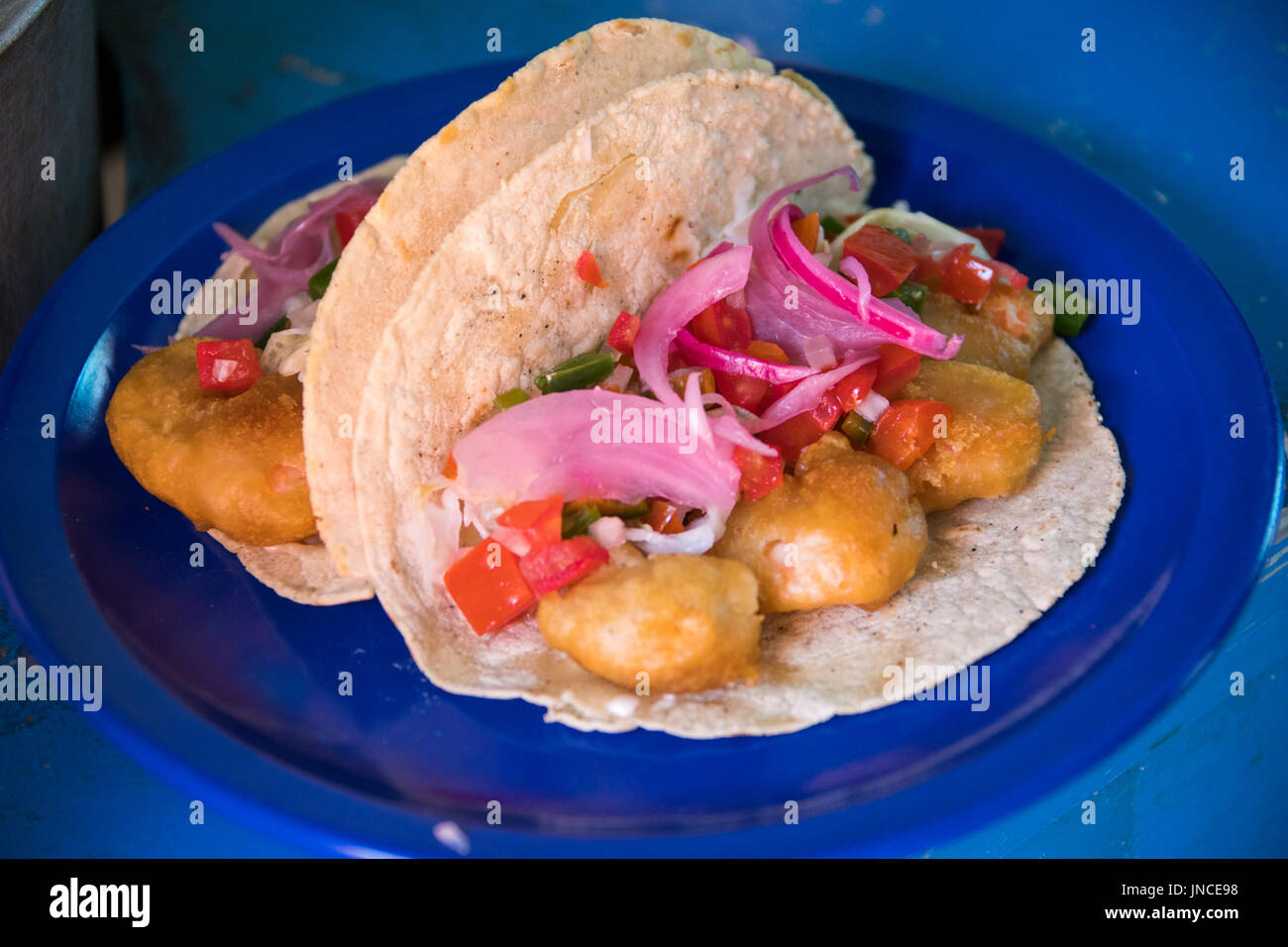 Shrimp Tacos bei Pez Taquaria in Oaxaca, Mexiko Stockfoto