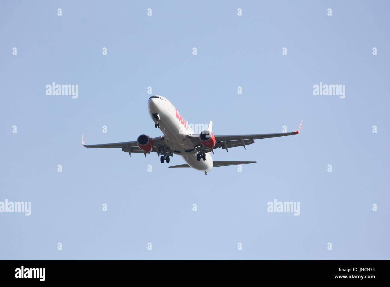 Chiang Mai, THAILAND - 5. Februar 2014: HS-LTI Boeing 737-900ER Thai Lionair Airline, Landung in Chiangmai Flughafen Bangkok Don Muang Flughafen Stockfoto
