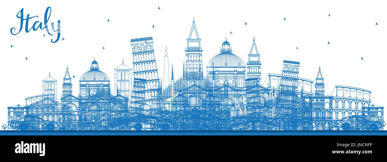 Übersicht Italien Skyline mit blauen Wahrzeichen. Vektor-Illustration. Geschäftsreisen und Tourismus-Konzept mit historischer Architektur. Bild für die Präsentation Stock Vektor