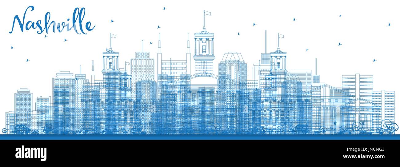 Umrisse nashville Skyline mit blauen Gebäude. Vector Illustration. Business Travel und Tourismus Konzept mit moderner Architektur. Stock Vektor