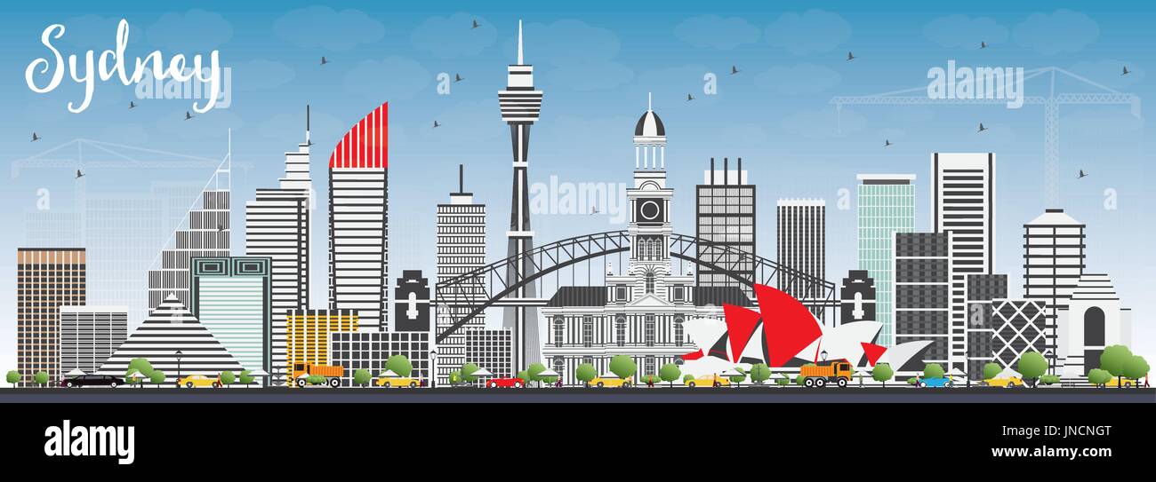 Sydney Australien Skyline mit grauen Gebäuden und blauer Himmel. Vector Illustration. Business Travel und Tourismus Konzept mit moderner Architektur. Stock Vektor