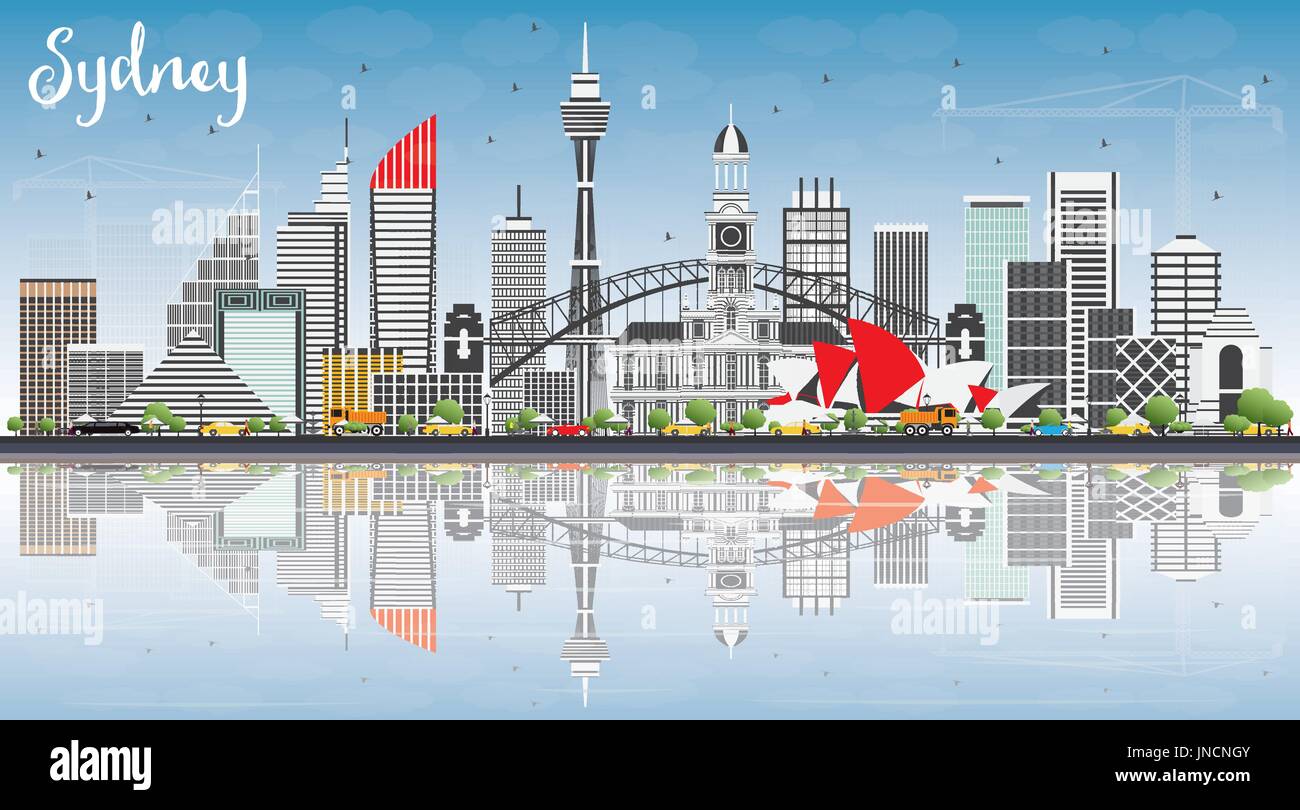 Sydney Australien Skyline mit grauen Gebäude, blauer Himmel und Reflexionen. Vector Illustration. Business Travel und Tourismus Konzept Stock Vektor