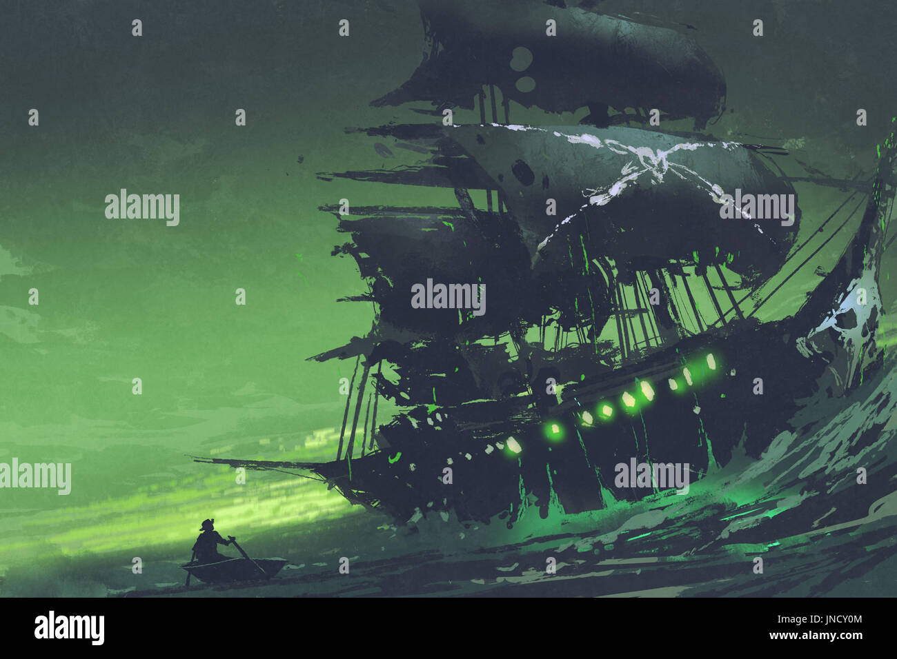 Nachtaufnahme von Geisterschiff Pirat im Meer mit geheimnisvollen grünes Licht, fliegender Holländer, digitale Kunststil, Illustration, Malerei Stockfoto