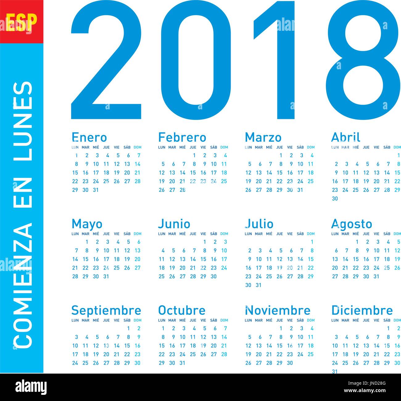 Einfache blaue Kalender für das Jahr 2018, in Vektoren. In spanischer Sprache. Woche beginnt am Sonntag. Stock Vektor