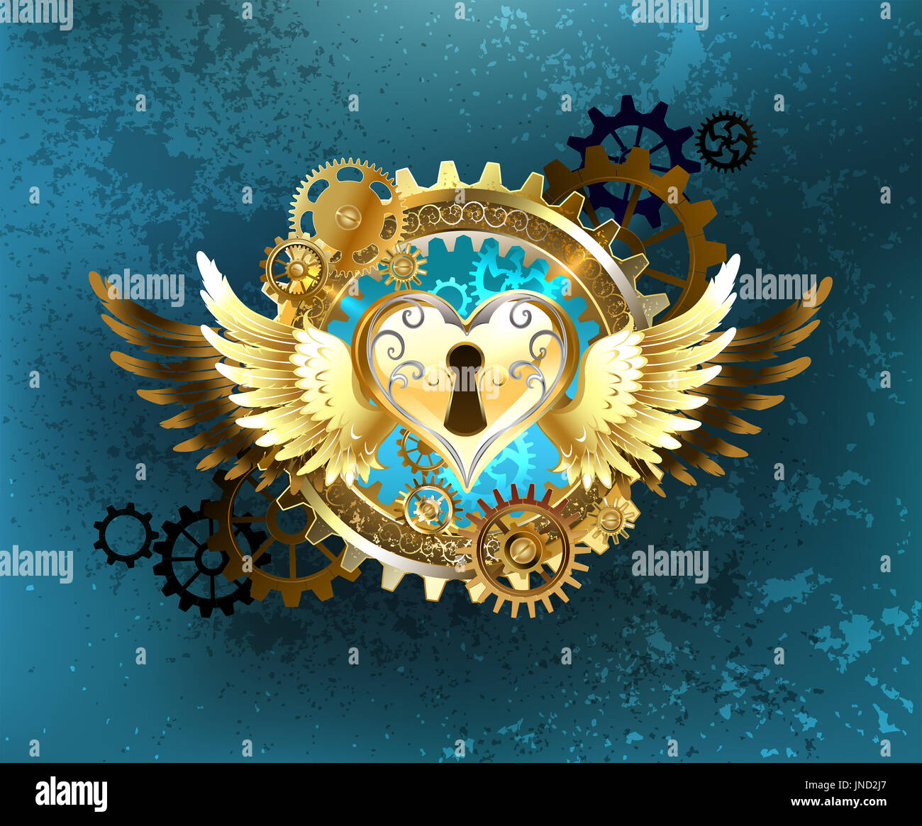 mechanisches Herz des Schlosses, geschmückt mit goldenen Flügeln und gold und Messing Zahnräder auf eine Türkis strukturierten Hintergrund. Mechanisches Herz. Steampunk-sty Stockfoto