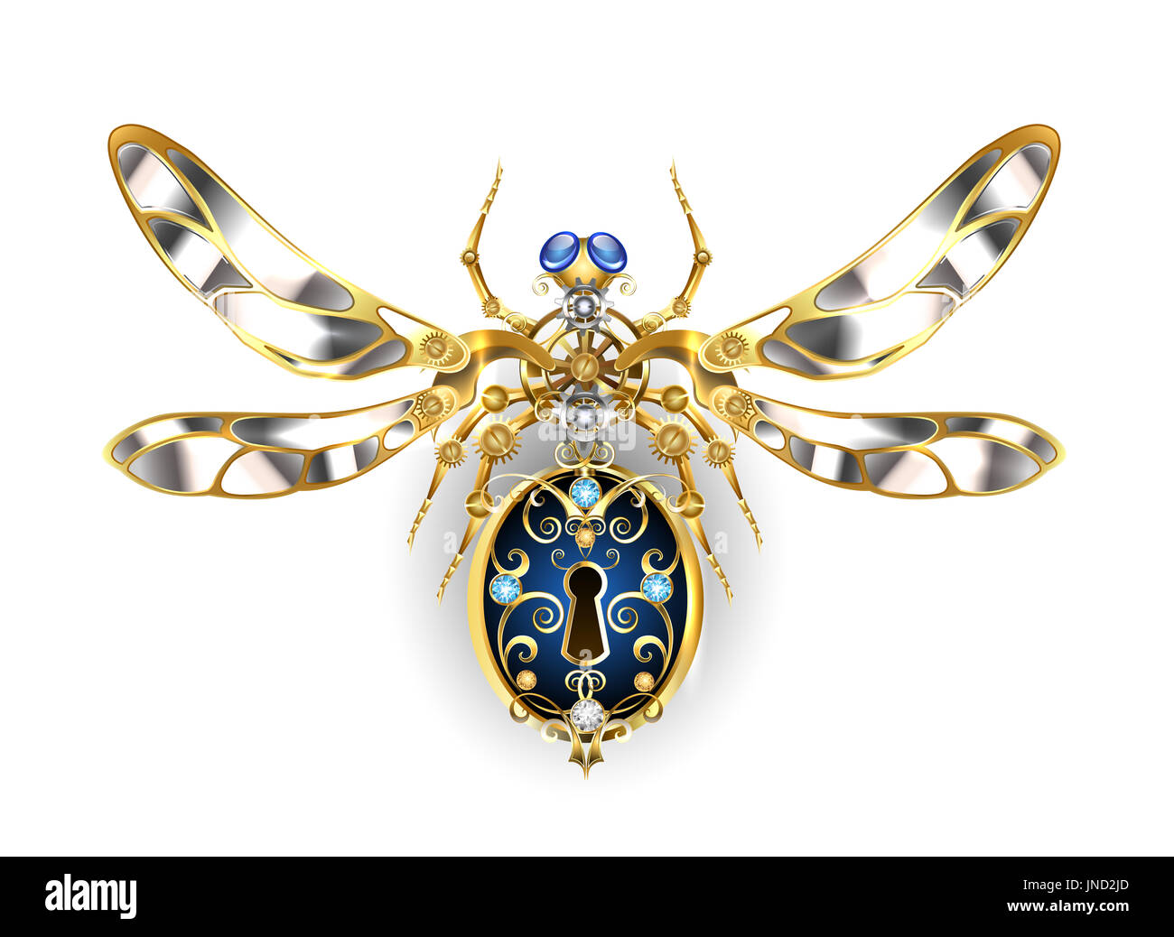 Mechanische Insekt mit Stahl Flügel, verziert mit gold Zahnräder und Runde Saphire auf einem weißen Hintergrund. Steampunk-Stil. Mechanische Insekt. Stockfoto