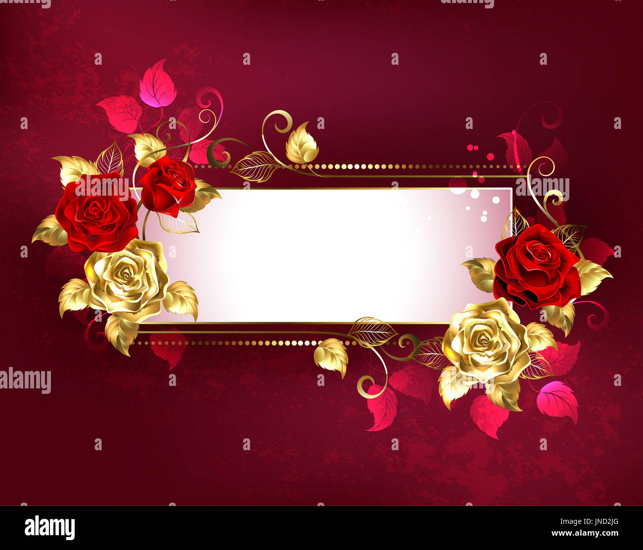 Rechteckig, lange Banner mit gold, rote Rosen und goldenen Blätter auf einen roten strukturierten Hintergrund. Design mit Rosen. Goldene Rose. Stockfoto