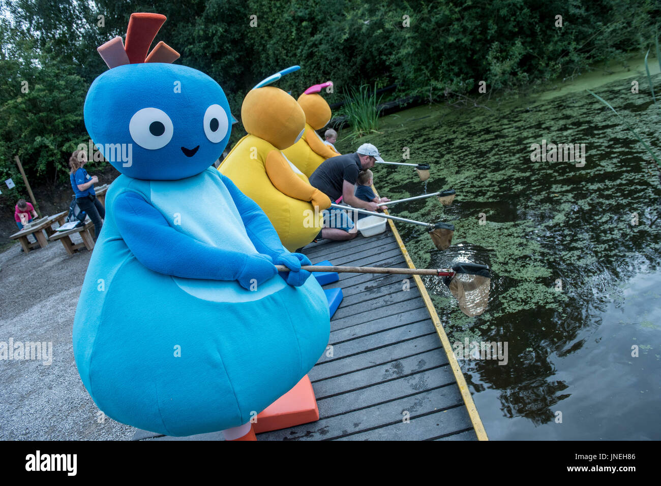 RSPB Fairburn Ings, North Yorkshire UK. 29 Juli. Am Samstag Nachmittag fiel BBC CBeebies Lieblings Twirlywoos in an eine Reihe von spannenden Explorationsaktivitäten teilnehmen und Familien camping im Naturreservat für RSPB es großen wilden Sleepout zu erfüllen. Erfasst unter anderem Teich eintauchen, Fehlersuche, Vögel zu beobachten. Die BWS soll Familien näher an der Natur zu verbinden, indem sie sich bei der Reserve für den 29. / 30. Juli camp. Bildnachweis: roger Parkes/Alamy Live-Nachrichten Stockfoto