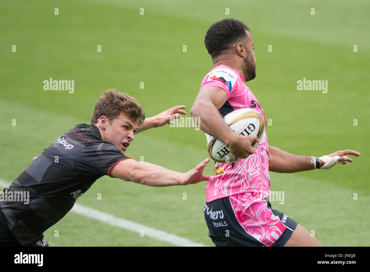 Northampton, UK. 29. Juli 2017. Die Exeter Chiefs und Saracens Rugby 7 S Premiership Series bei Northampton Franklins Garten Credit: PATRICK ANTHONISZ/Alamy Live-Nachrichten Stockfoto