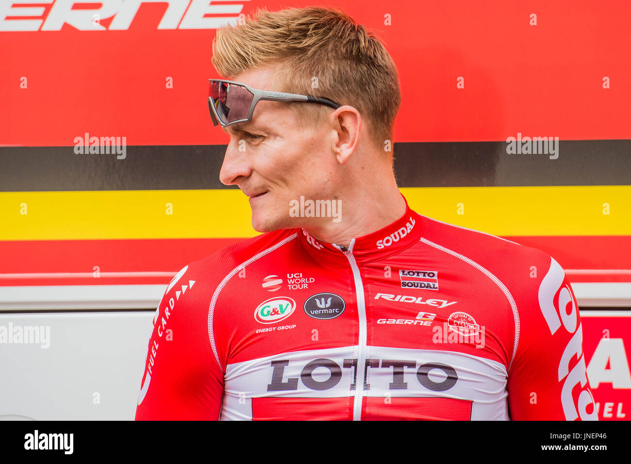 London, UK. 30. Juli 2017. Andre Greipel GER von Lotto Sudal - Beginn des Prudential Fahrt London Surrey Classic in Horse Guards Parade London Credit: Guy Bell/Alamy Live News Stockfoto