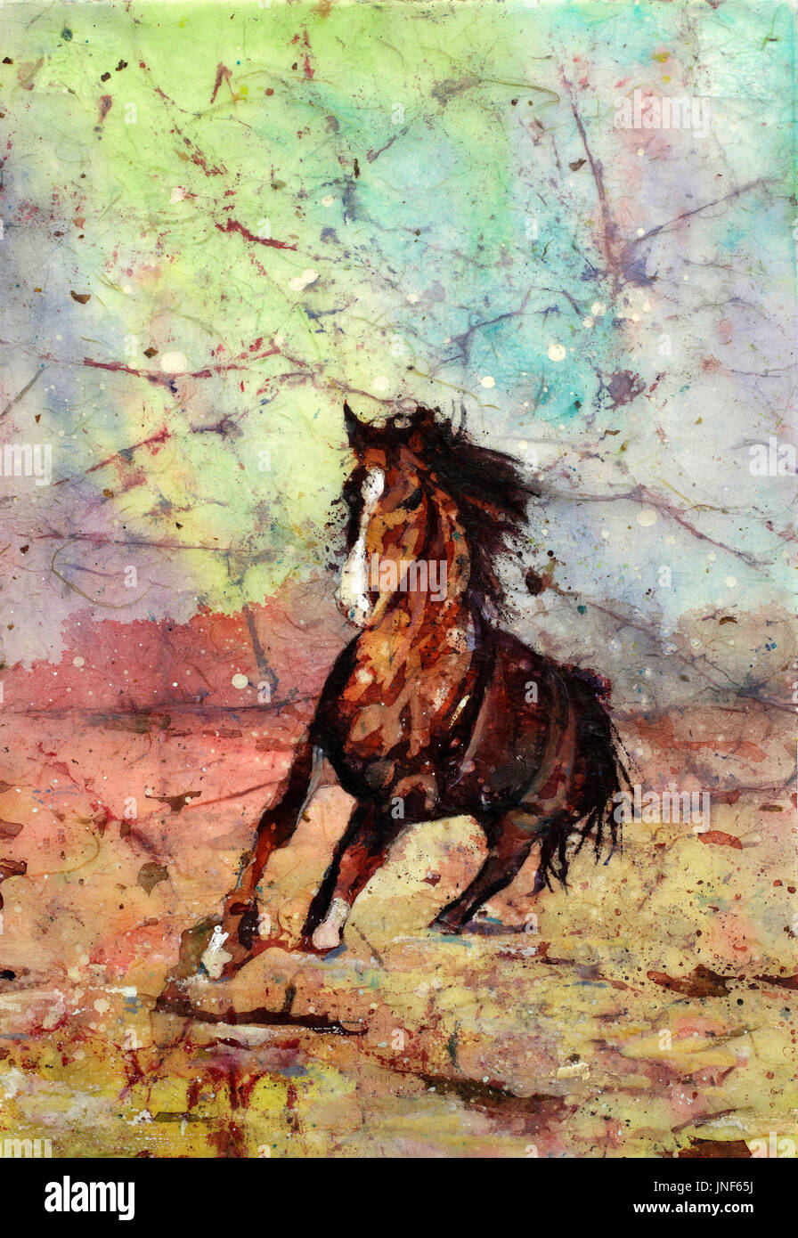 Aquarell Batikmalerei auf Reispapier Pferd laufen.  Pferd Rennen in Wiese Kunstwerk.  Pferdekunst.  Batik-Malerei Stockfoto