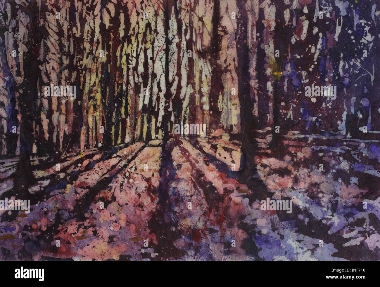 Aquarell Batikmalerei auf Reispapier der Sonnenstrahlen Wald durchschimmern.  Wald-Landschaft-Kunst.  Sonnenuntergang in der Wald-Kunst Stockfoto