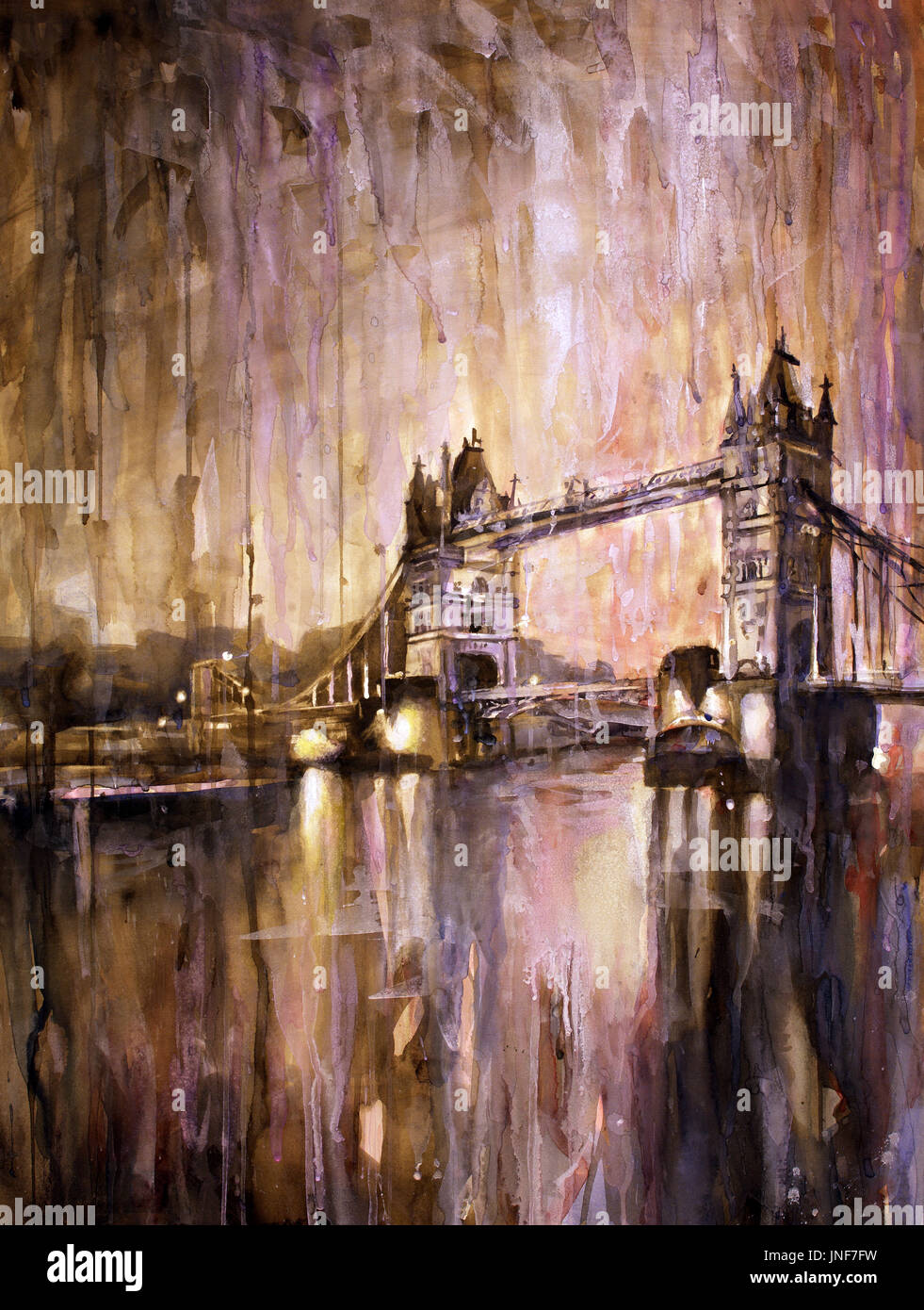 Aquarell von der Tower Bridge in der Dämmerung - London, England. Malerei von der Tower Bridge über die Themse in London, UK. London Art. Stockfoto