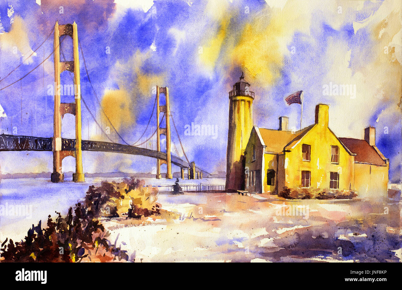 Aquarell von Mackinaw Brücke und Leuchtturm - Mackinaw Island, Michigan.  Machinaw Brücke Malerei Leuchtturm Kunst Lake Michigan Stockfoto