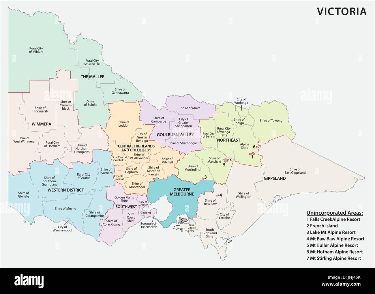 Administrative und politische Karte von den australischen Staat Victoria Stock Vektor