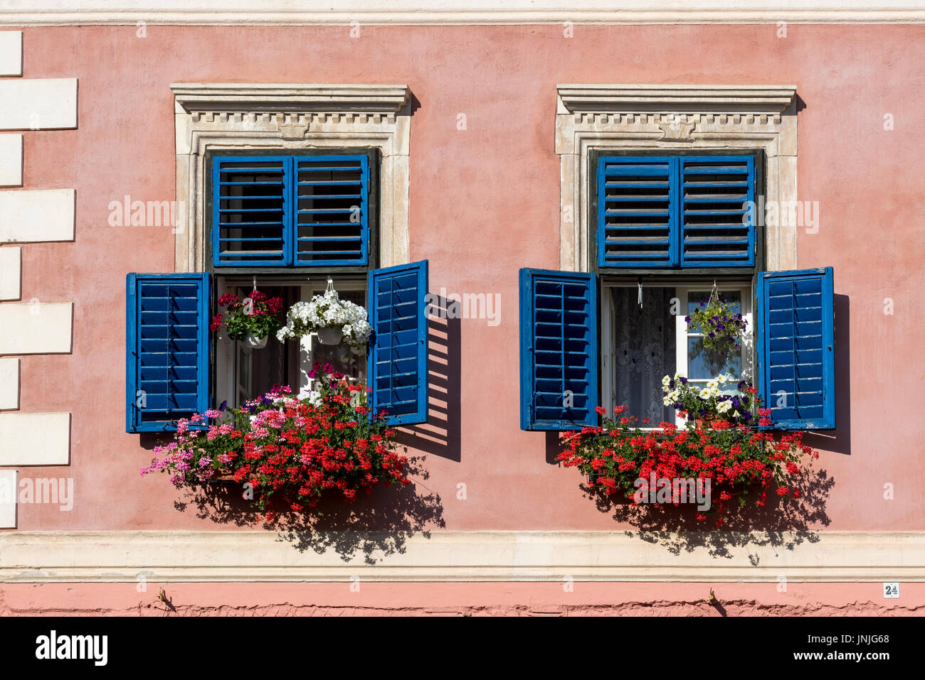 Blauen Fenstern mit Blumentöpfen von einem Haus am Piata Mica (kleiner Platz), obere Stadt Sibiu, Rumänien Stockfoto
