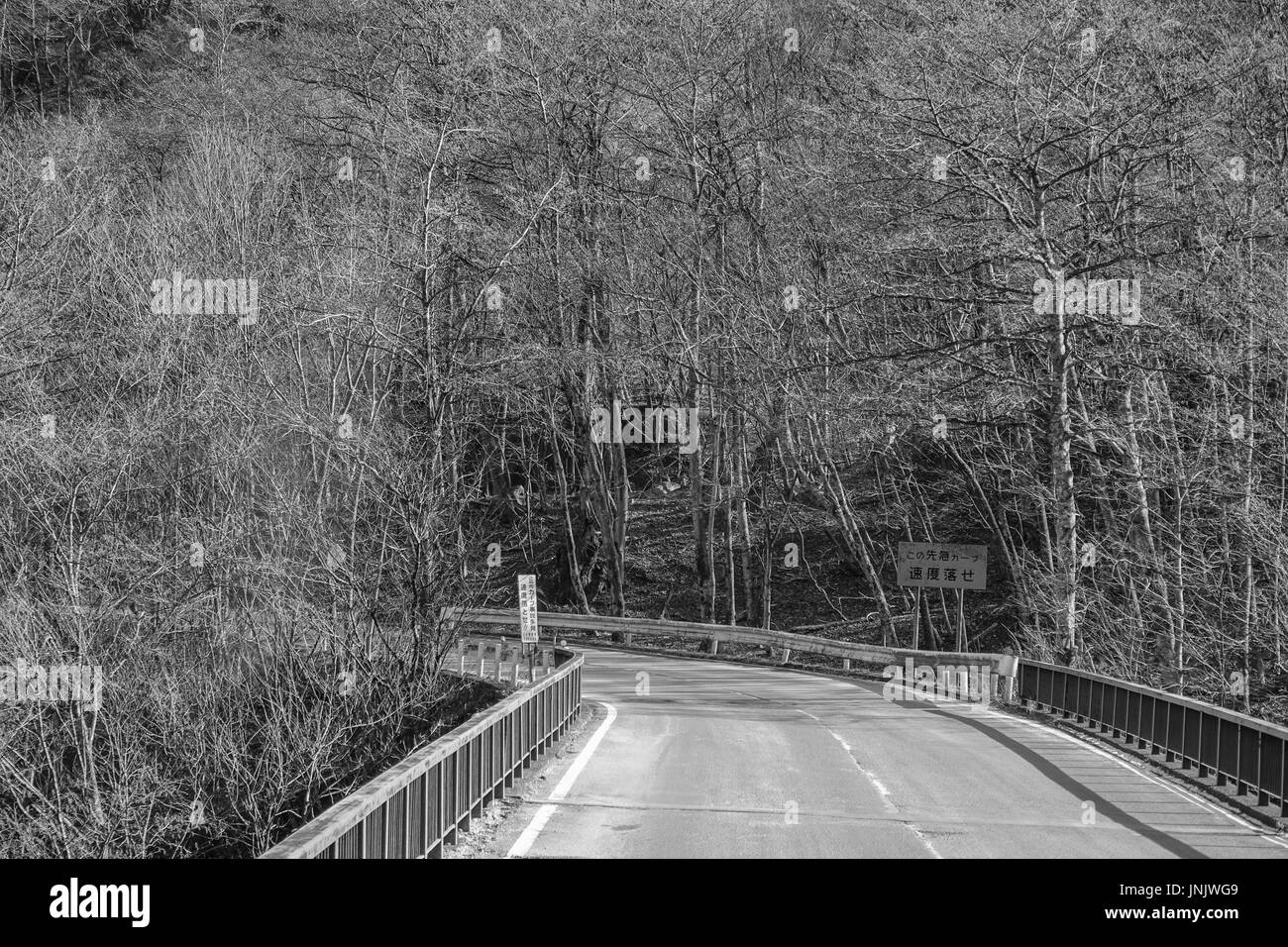 Nikko, Japan - 2. Januar 2016. Leere Bergstraße in Nikko, Japan. Nikko ist eine Stadt in der Präfektur Tochigi, in der nördlichen Kanto-Region von Japan. Stockfoto