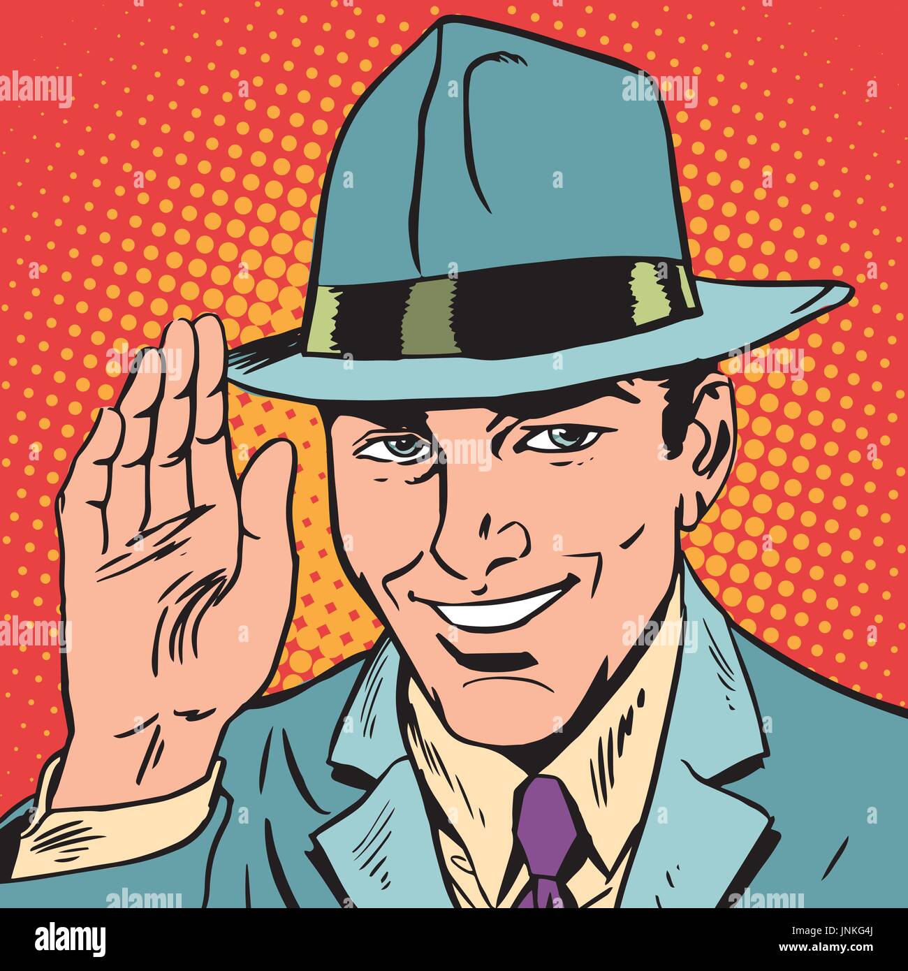 Avatar-Porträt des Mannes hob eine Hand, Gruß. Pop-Art-Retro-Vektor-illustration Stock Vektor