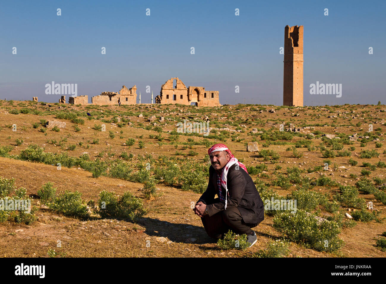 Lokale Mann mit traditionellen Kopfschmuck mit den Ruinen der antiken Stadt Harran im Hintergrund, Sanliurfa, Türkei. Stockfoto