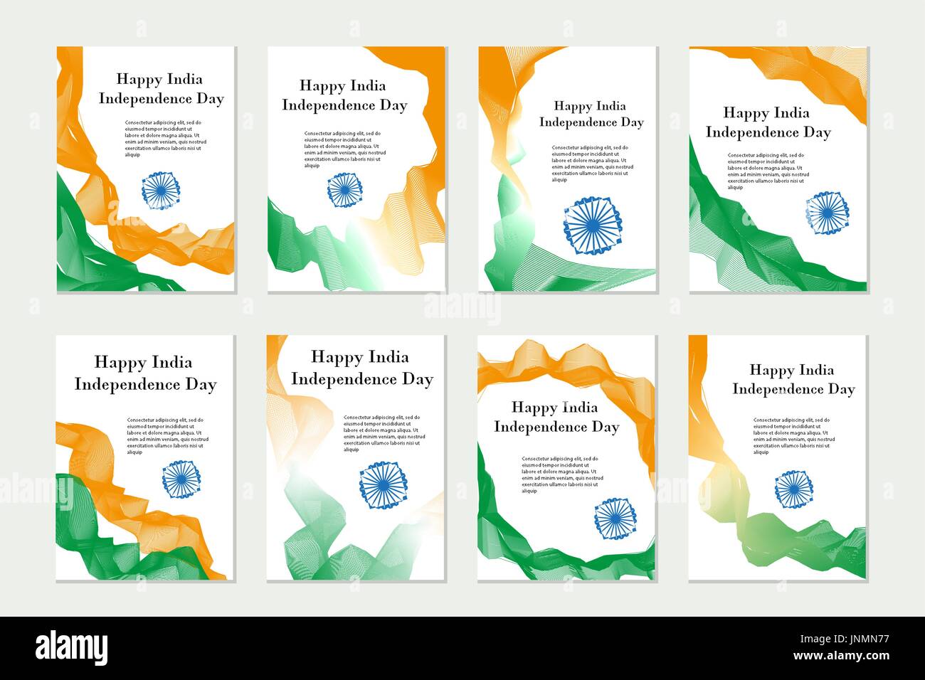 Independence Day India. Satz von Vorlagen, Broschüren, Flyer für Ihr Design in den Farben der Nationalflagge von Indien. Vektor-Illustration. Stock Vektor