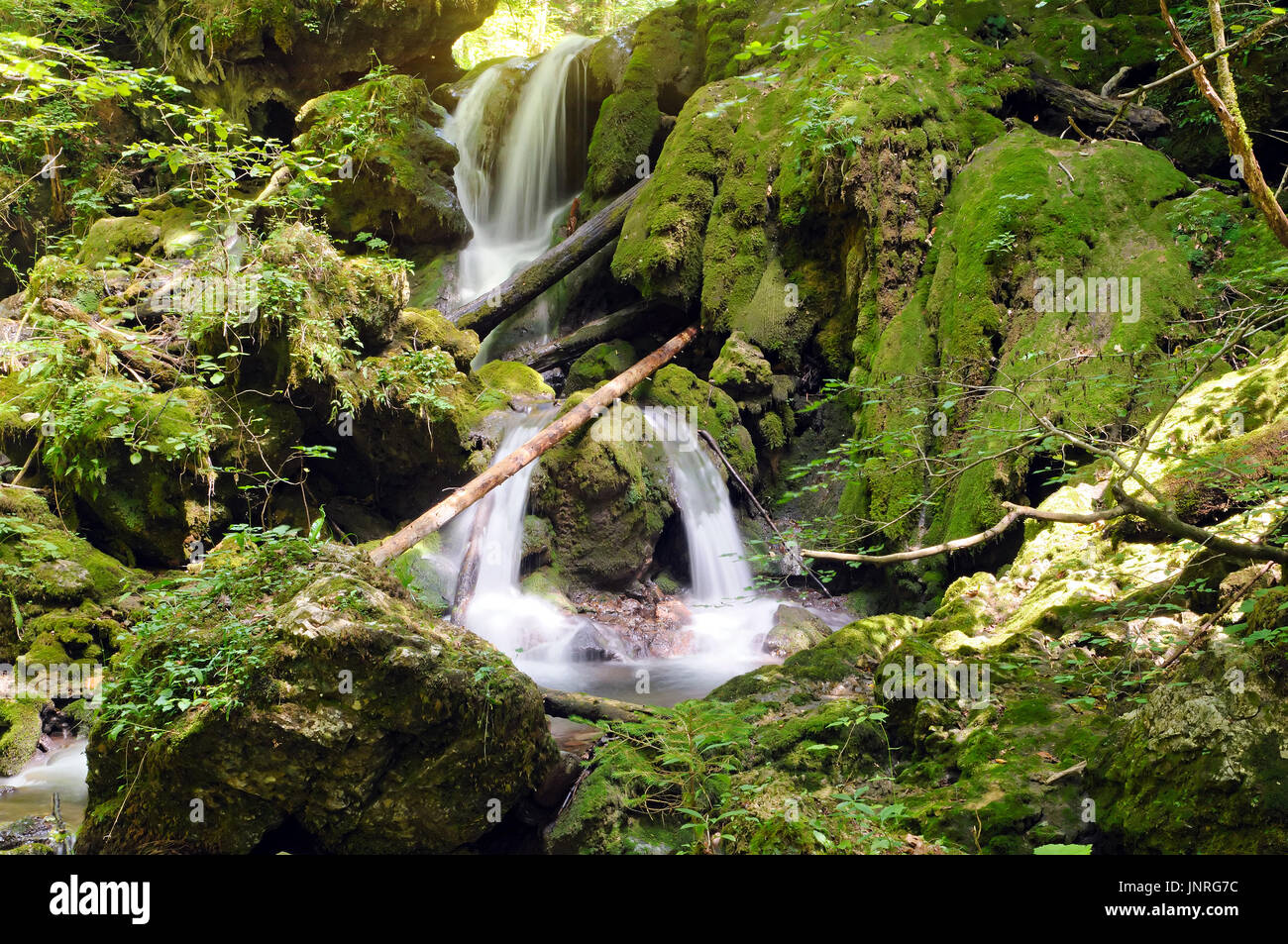 Typische Cascade Wasserfall aus Tuffstein mit Moose (nicht-vaskulären Landpflanzen) hergestellt. Stockfoto