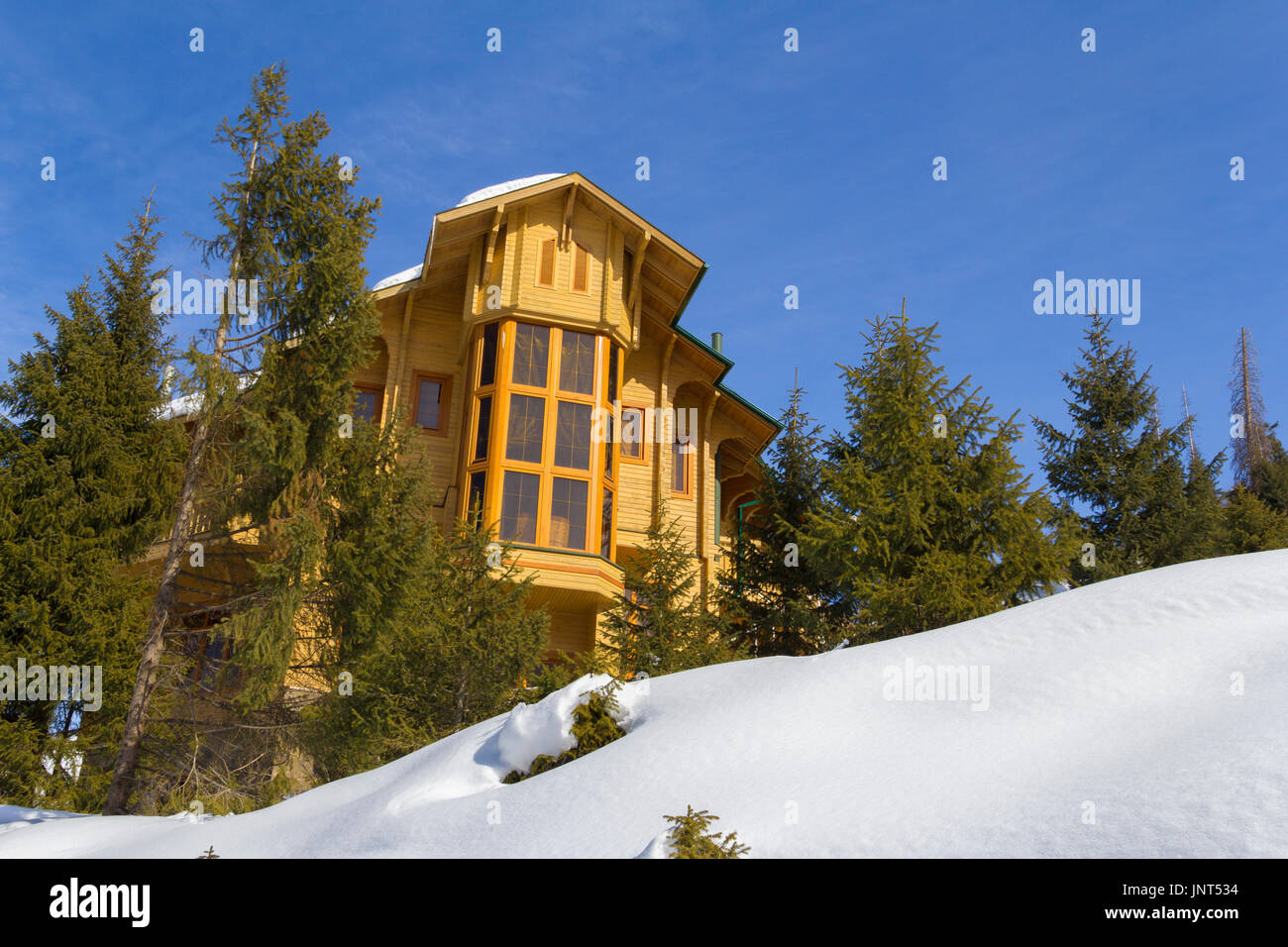 Wald, Urlaub, Himmel, Natur, Baum, Hütte, Schnee, Wald, nichtstädtischen, Haus, Hütte, Berg, Szene, Landschaft, Kälte, Alpen, europäisch, Weihnachten, Chale Stockfoto