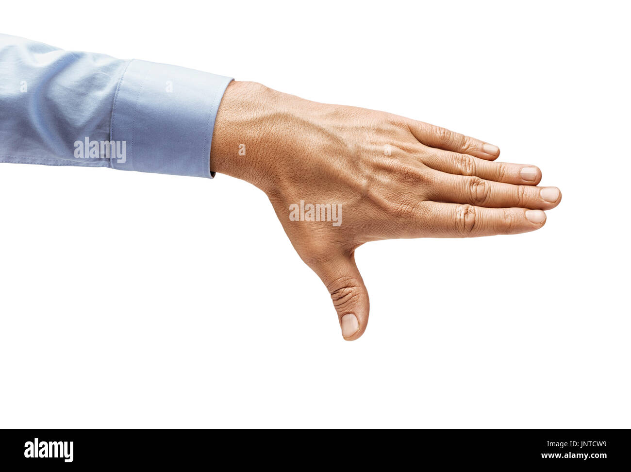 Die Hand des Mannes in einem Hemd schließt etwas isoliert auf weißem Hintergrund. Hautnah. Hohe Auflösung-Produkt Stockfoto