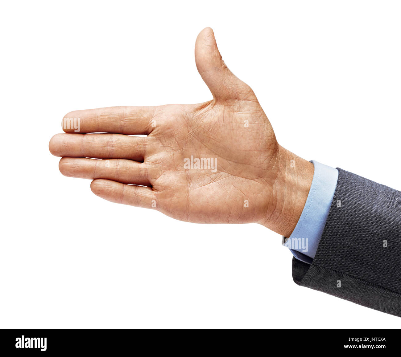Die Hand des Mannes in einem Anzug ausgestreckt in Gruß isoliert auf weißem Hintergrund. Hautnah. Hohe Auflösung Stockfoto