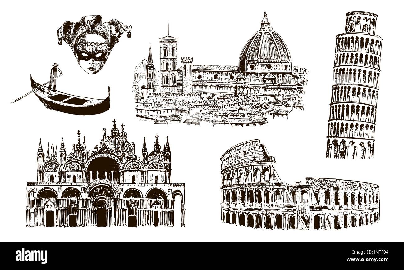 Italienische Architektursymbole: Kolosseum, Dom Santa Maria del Fiore, pisanischen Turm, Basilica di San Marco, Gondel, Karneval Maske. . Vector Skizze illu Stock Vektor