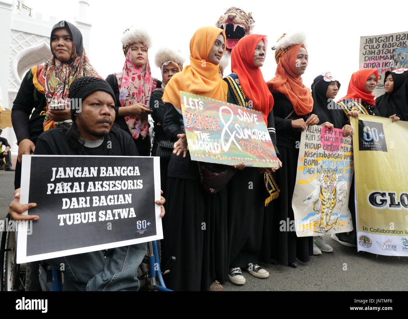 Banda Aceh, Indonesien. 30. Juli 2017. Dutzende von Menschen aus verschiedenen Elementen ergriff Maßnahmen, um die Welt Tiger Tag 2017 zu gedenken. Die Aktion wurde gefärbt mit theatralischen, malte einige Teilnehmer auch sein Gesicht wie ein Tiger. Indonesien hatte einmal drei Arten von Tiger, Javan Tiger und Bali-Tiger, bereits ausgestorben erklärt. Während die Sumatra Tiger Bevölkerung sinken weiter, weil viele gejagt werden. Bildnachweis: Abdul Hadi Firsawan/Pacific Press/Alamy Live-Nachrichten Stockfoto