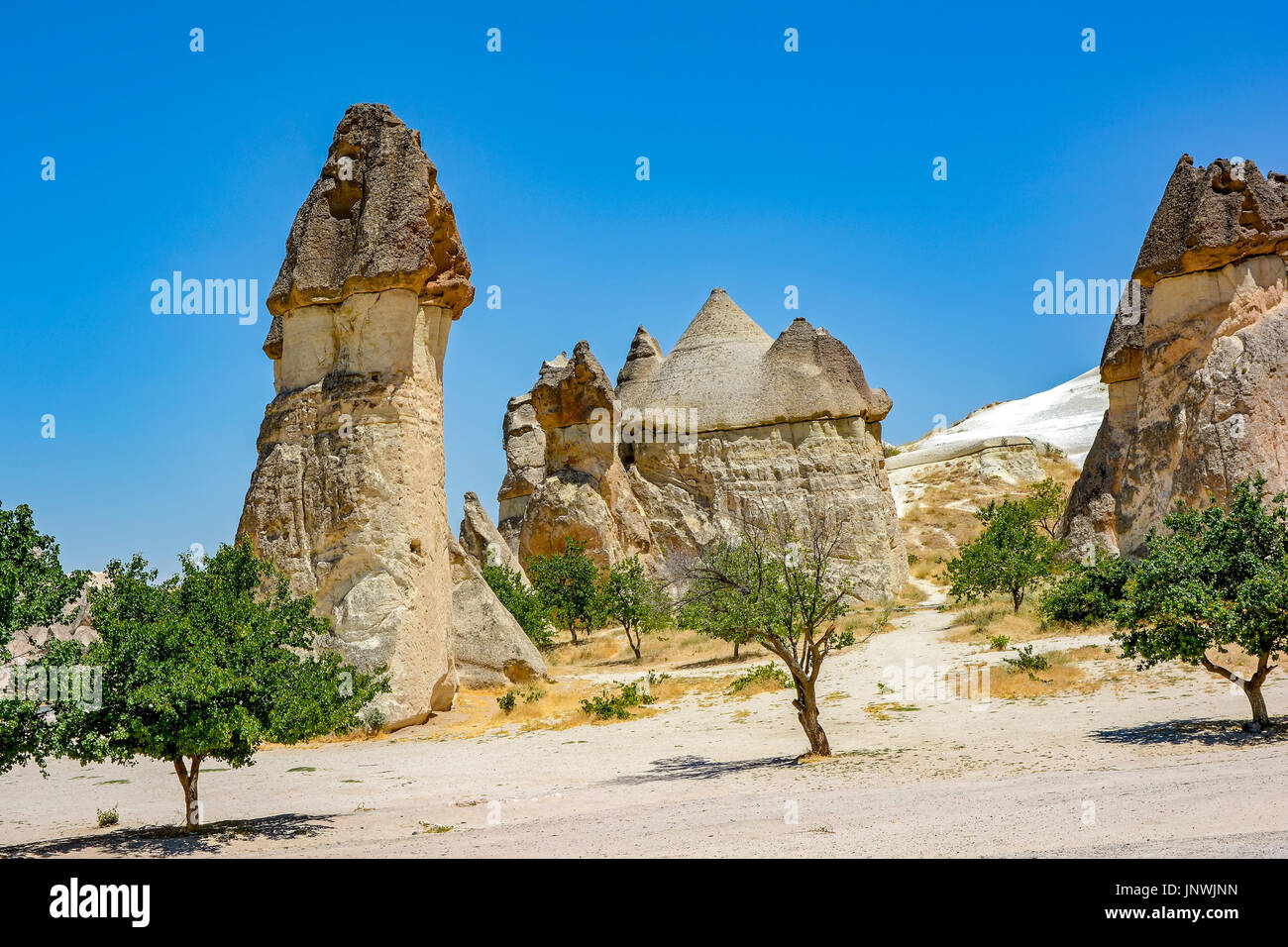 Berühmten geologischen Formationen als Feenkamine bekannt und verwendet als Gehäuse in Göreme, Kappadokien, Türkei Stockfoto