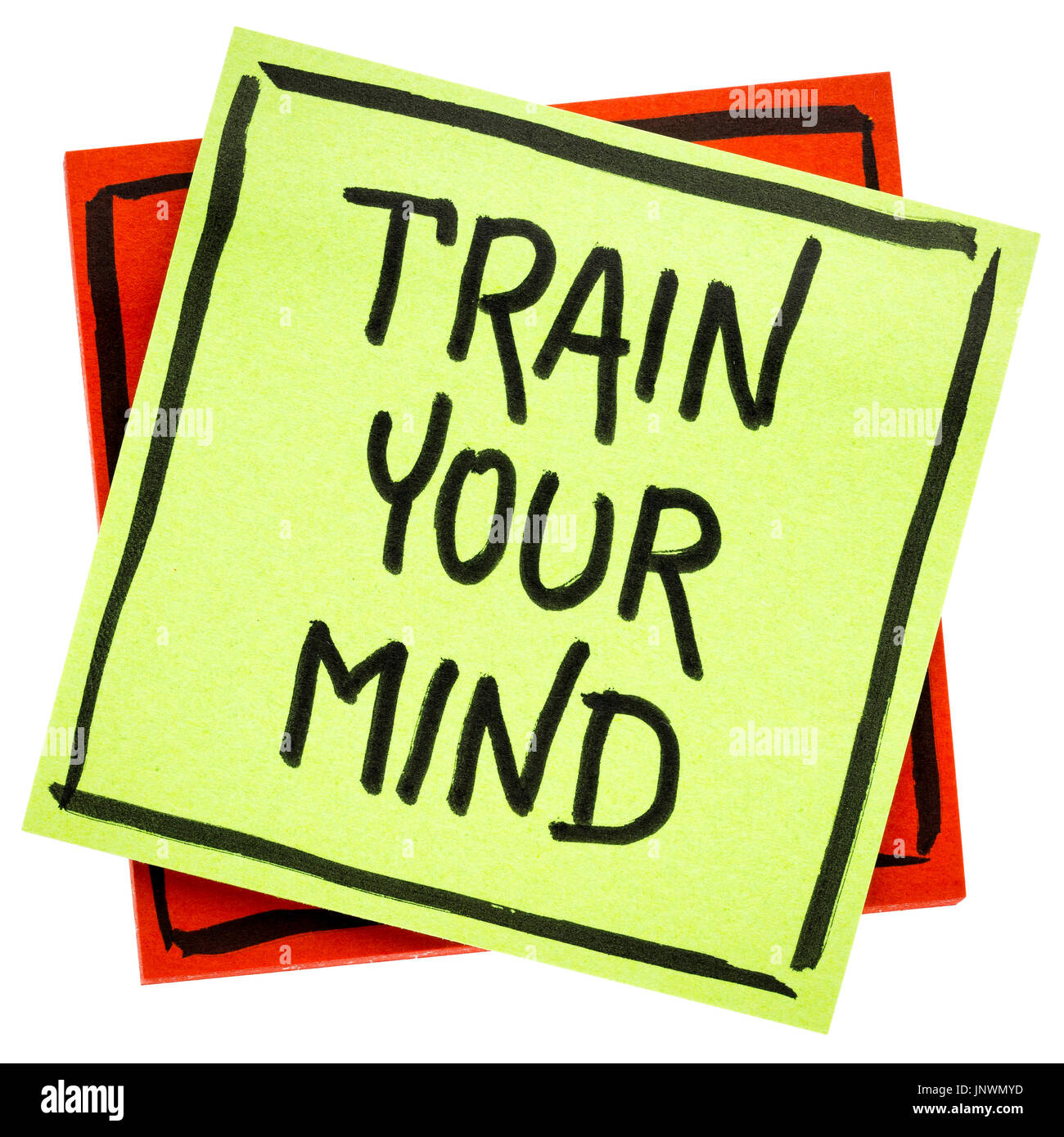 Trainieren Sie, Ihren Geist Beratung oder Erinnerung - Handschrift in schwarzer Tinte auf eine isolierte Haftnotiz Stockfoto