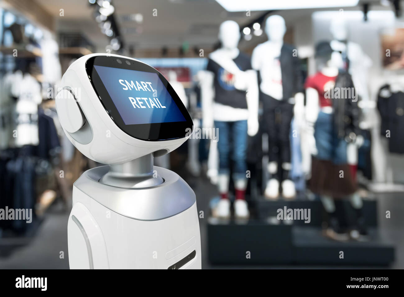 Intelligente Einzelhandelsumsätze und Crm Assistant oder Berater Technologie Roboterkonzept. Robo-Berater Anzeige von Text auf dem Bildschirm mit Unschärfe einkaufen Fashion Mall staatlich Stockfoto