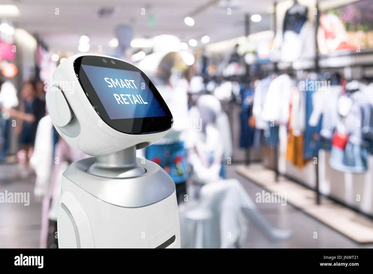 Intelligente Einzelhandelsumsätze und Crm Assistant oder Berater Technologie Roboterkonzept. Robo-Berater Anzeige von Text auf dem Bildschirm mit Unschärfe einkaufen Fashion Mall staatlich Stockfoto