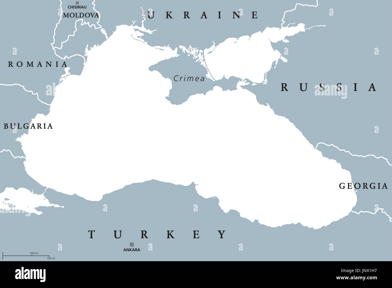 Schwarze Meer und Asowsche Meer Region politische Karte mit Hauptstädten und Grenzen. Körper des Wassers zwischen Osteuropa und Westasien. Abbildung. Stockfoto