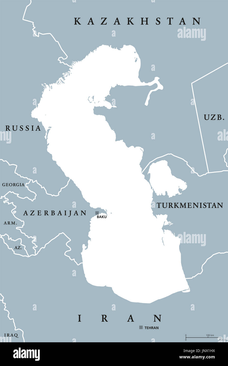 Kaspischen Meer Region politische Landkarte mit den Grenzen und Länder. Körper von Wasser, Becken und größte See der Erde zwischen Europa und Asien. Abbildung. Stockfoto