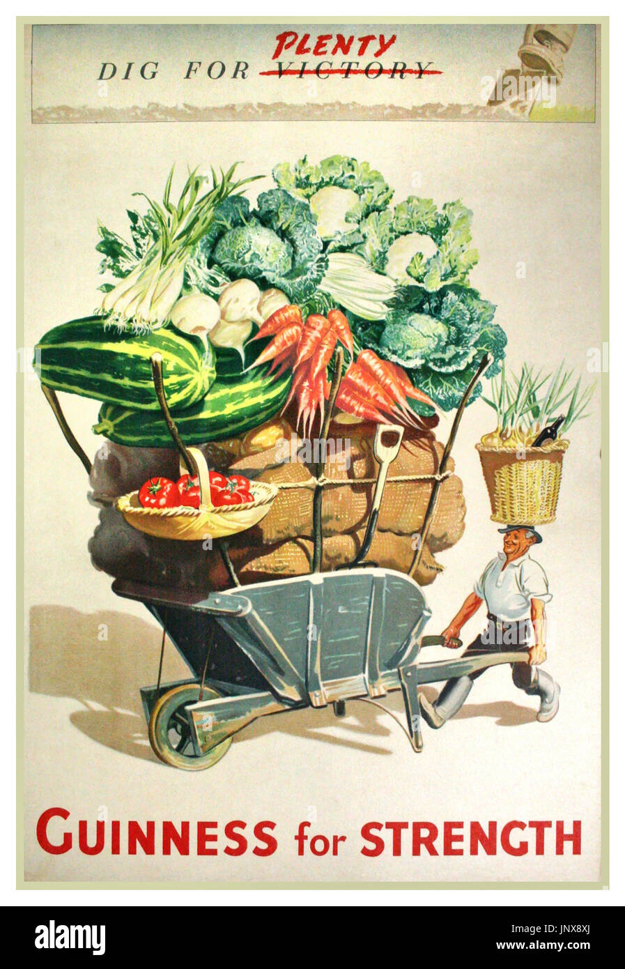 WW2 British Propaganda Plakat 1940 Dig für (Sieg) Viel Förderung Guinness für Stärke zu viel und Gemüse produzieren für Sieg dig Stockfoto