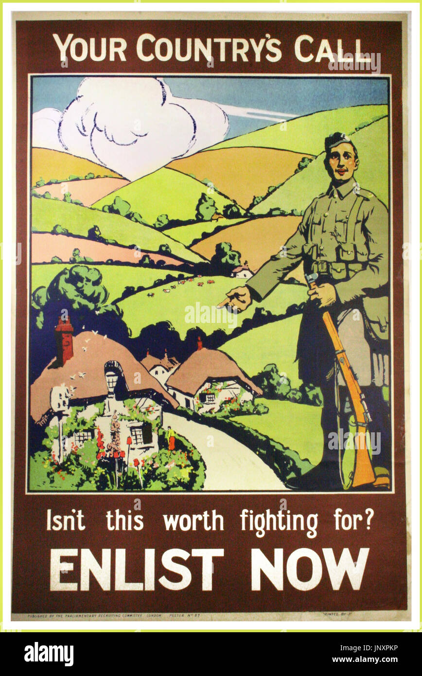 Vintage WW1 britische militärische Rekrutierung Propagandaplakat "ist das nicht worth fighting for?"  'JETZT EINTRAGEN' 1914 Stockfoto