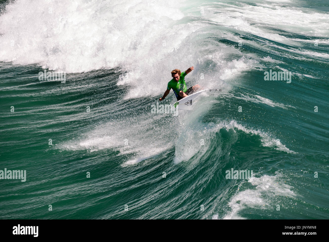 Huntington Beach, FL, USA. 30. Juli 2017. Surfer Parker Sarg (USA) konkurriert in der letzten Runde des Wettbewerbs an den 2017 VANS US Open von Surfen Trials. Bildnachweis: Benjamin Ginsberg/Alamy Live-Nachrichten. Stockfoto