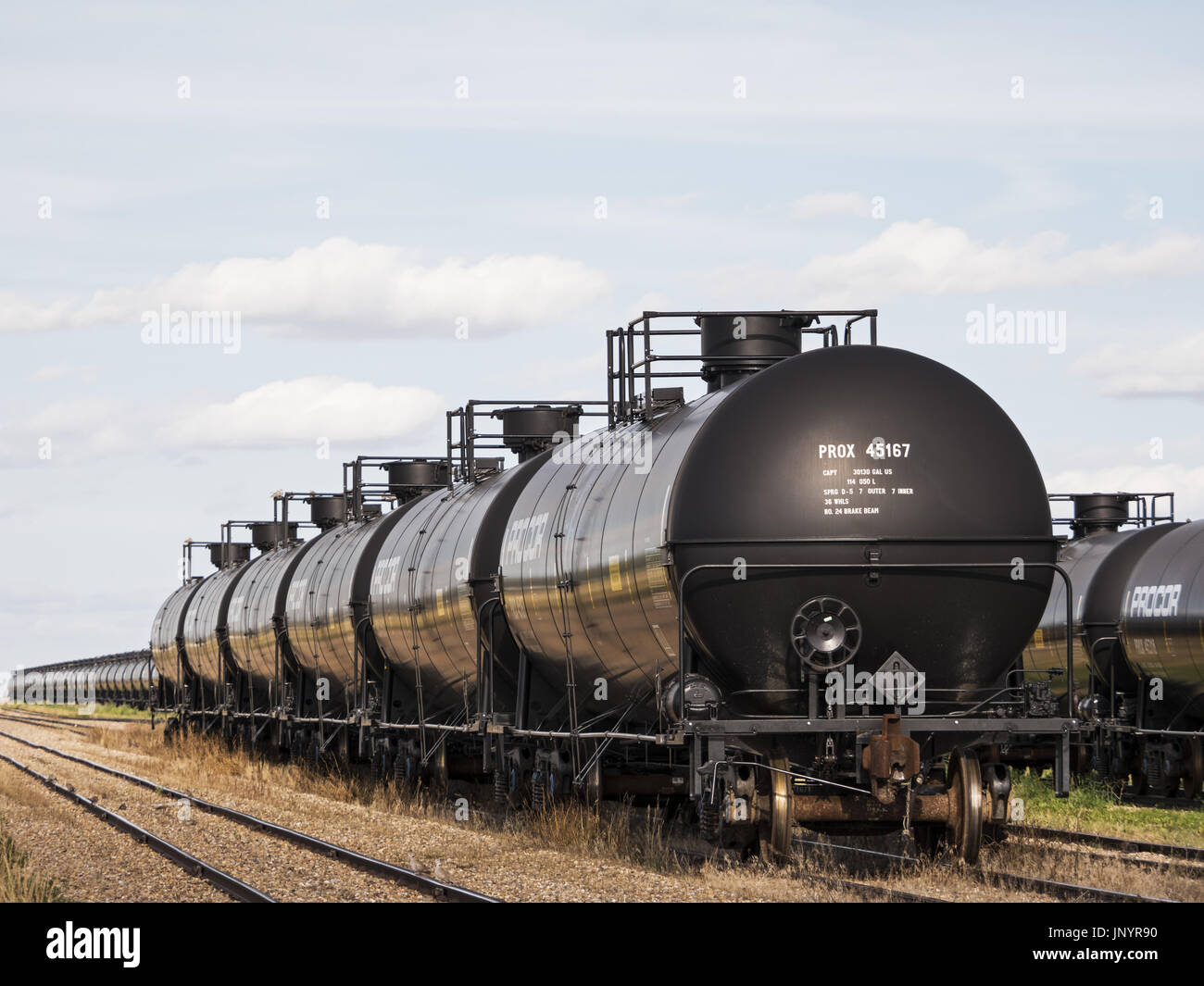 Shaunavon, Saskatchewan, Kanada. 29. August 2014. Tanker Wagen zum Verschieben von Rohöl untätig auf ein Gleisanschluss der Great Western Railway (GWR). Die kurze Linie Eisenbahn betreibt im Süd-westlichen Saskatchewan auf dem richtigen Weg, die einst im Besitz von Canadian Pacific Railway. Bildnachweis: Bayne Stanley/ZUMA Draht/Alamy Live-Nachrichten Stockfoto