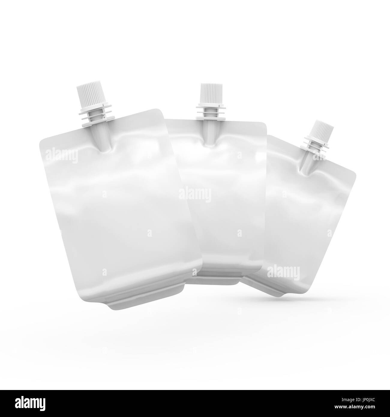 Folienbeutel für Getränke oder Essen, leere Folie Tasche Modell für Getränke Design in 3D-Rendering, drei in der Luft schweben Stockfoto
