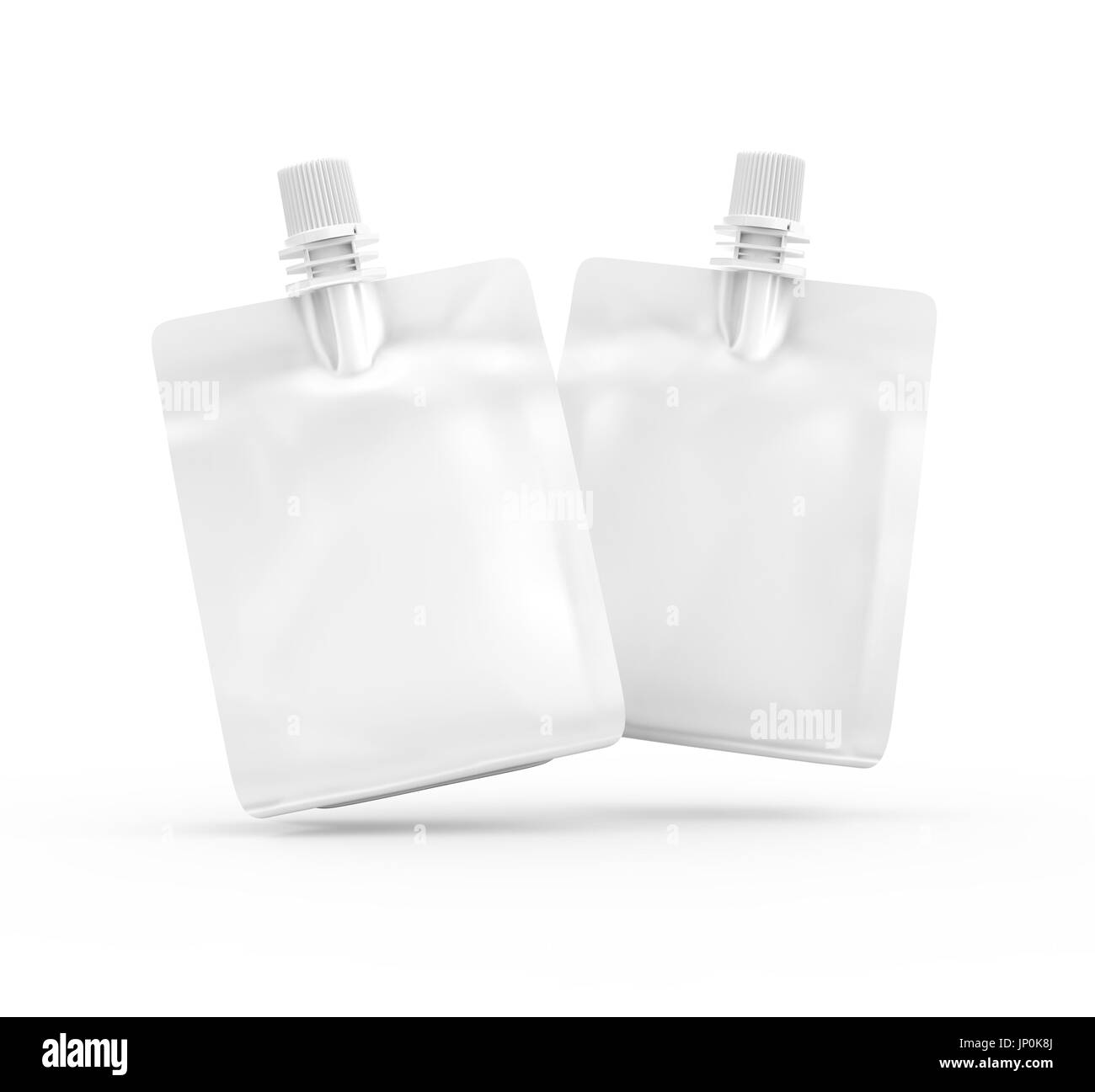 Folienbeutel für Getränke oder Essen, leere Folie Tasche Modell für Getränke Design in 3D-Rendering, zwei in der Luft schweben Stockfoto