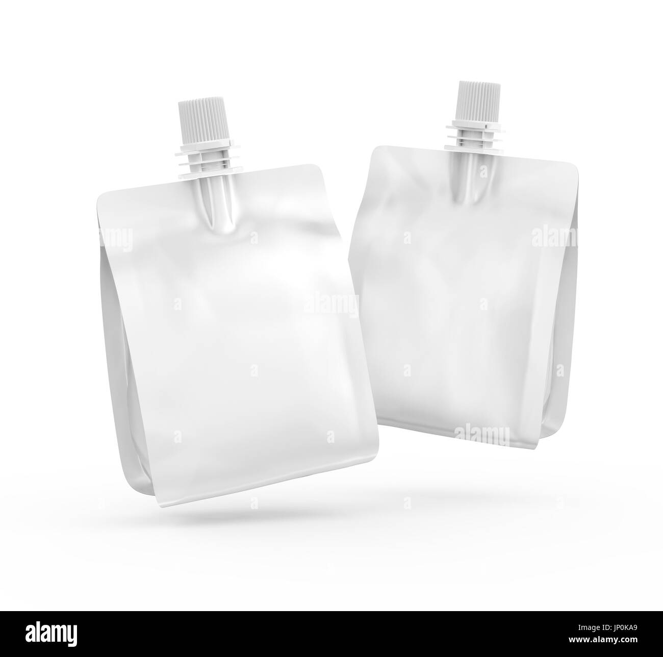 Folienbeutel für Getränke oder Essen, leere Folie Tasche Modell für Getränke Design in 3D-Rendering, zwei in der Luft schweben Stockfoto