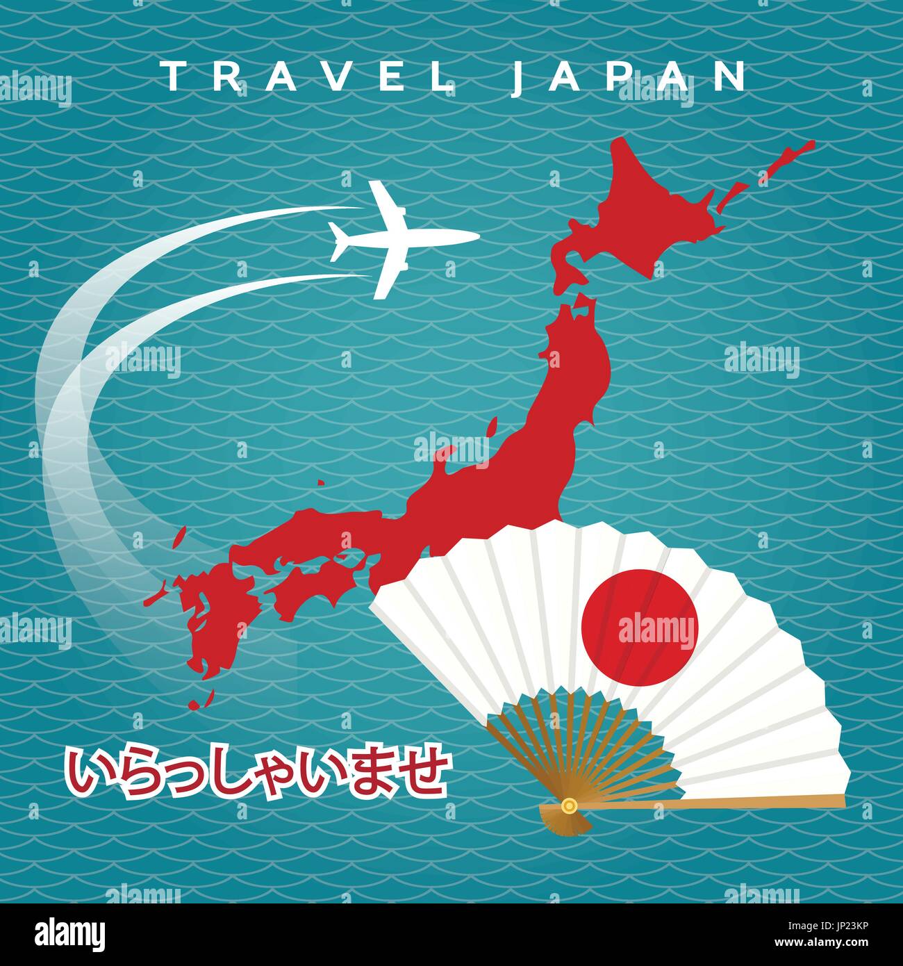 Japaner Reisen Vektor Poster mit Japan Karte, Flugzeug und Ventilator auf blauen Wellen Hintergrund Stock Vektor