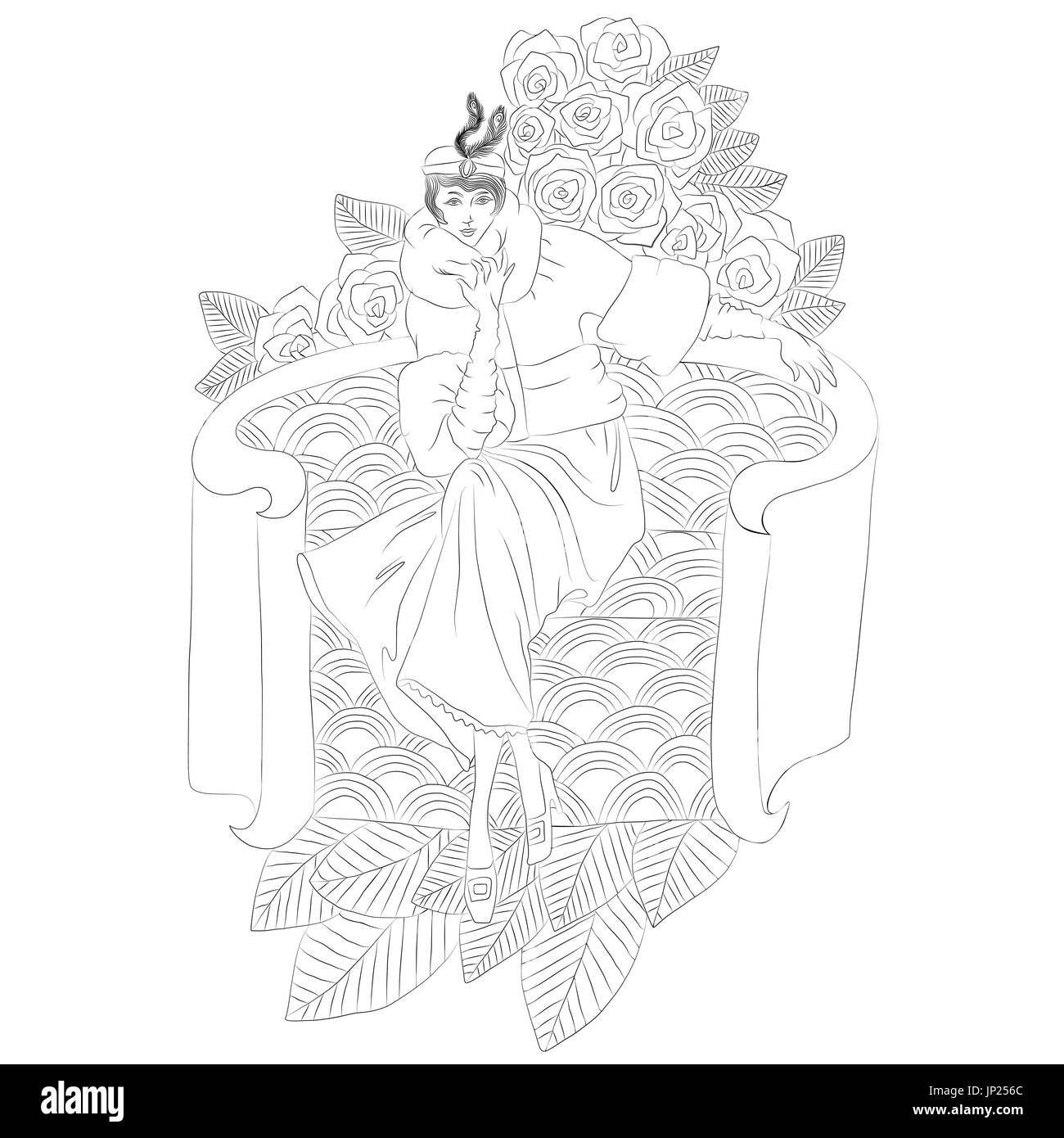 Ungefärbt schöne Mode Frau mit Blumen im retro-Stil. Malbuch. Vektor-Illustration. Stock Vektor