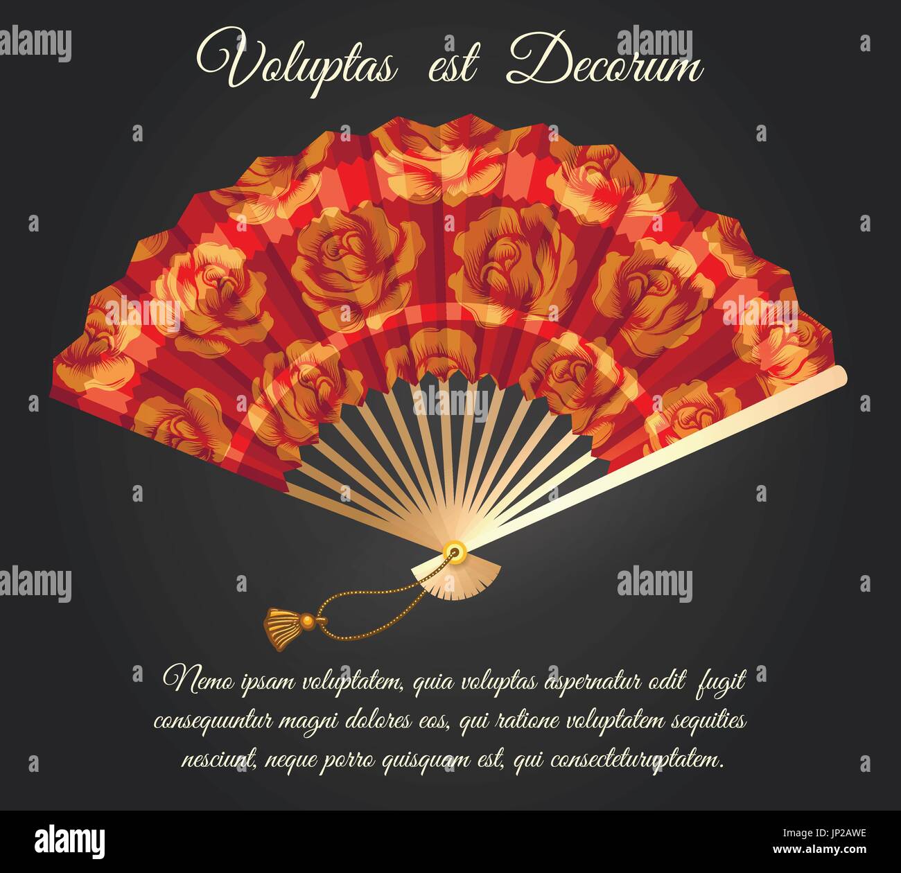 Rose Blumen chinesische klappbare Ventilator Plakat. Lüfter mit Rosen Muster Vektor auf schwarzem Hintergrund isoliert geöffnet Stock Vektor